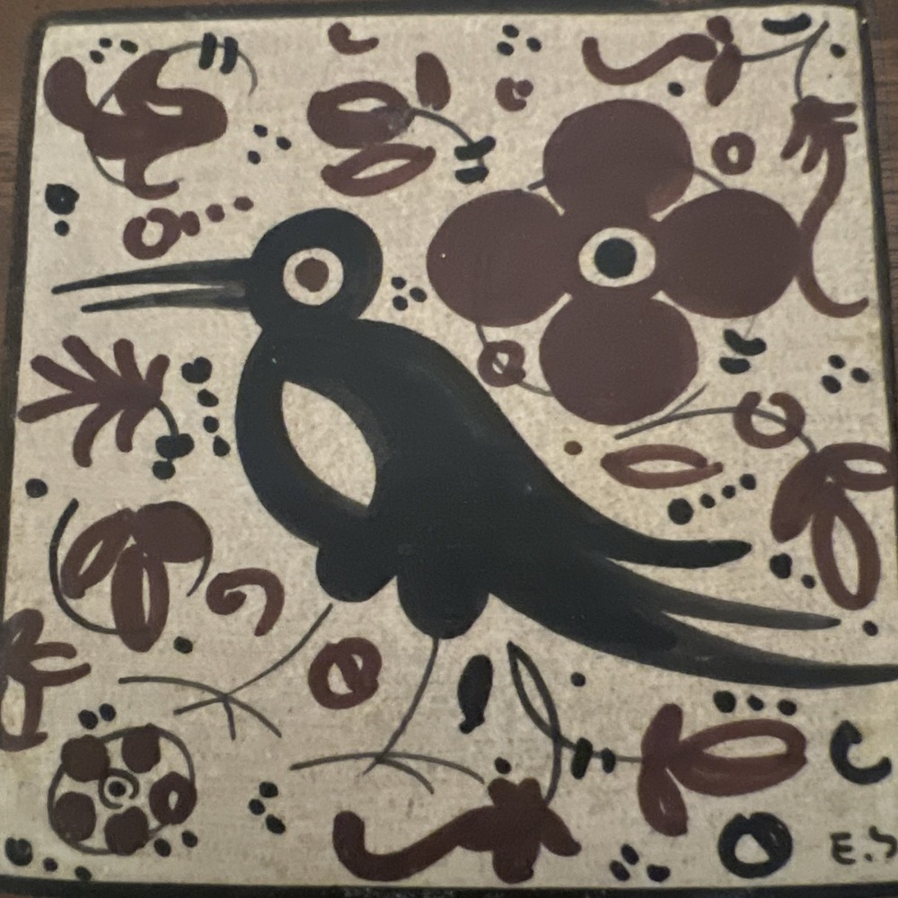 Hand-Painted Socarrat Bird Ceramic Wall Tile Signed E.S Approx 4"